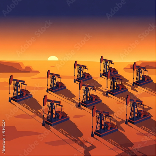 Oil pump jacks in a desert landscape at sunset.