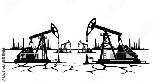 Oil pump jacks silhouette in a dry cracked landscape.