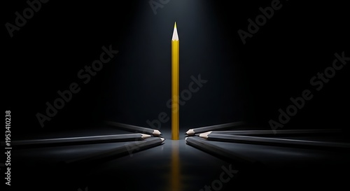 Brightly Lit Yellow Pencil Standing Out from the Crowd
