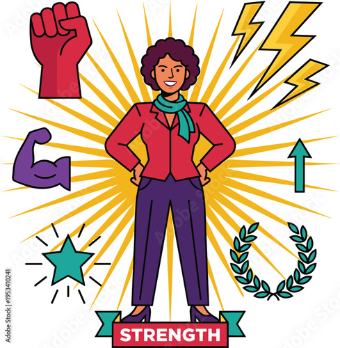 Empowered Woman Symbolizing Strength and Success with Motivational Icons