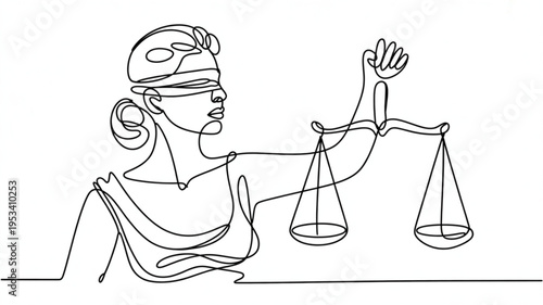 Justice concept with blindfolded woman holding scales of justice in one hand and gesturing with the other in a simple line drawing style on white background