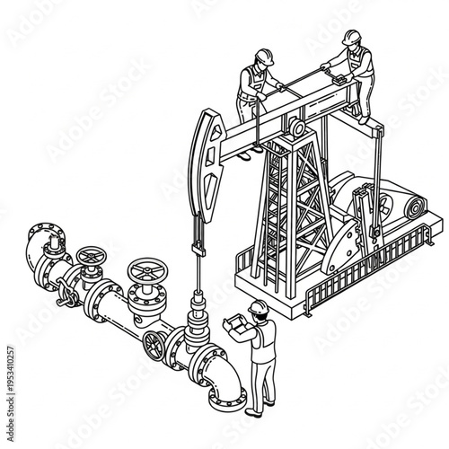 Oil pumpjack and pipeline with workers illustration.