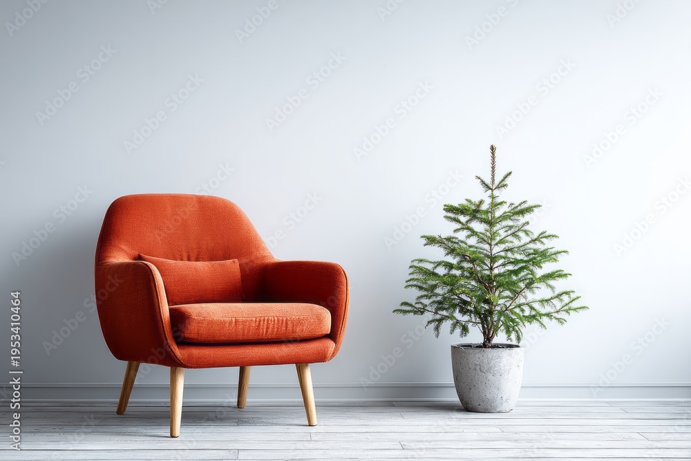 Fototapeta premium Orange armchair and potted fir tree against a light gray wall.