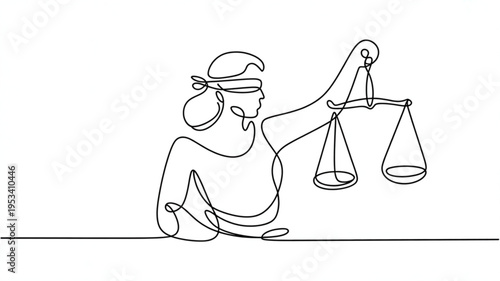 Justitia goddess of justice holding scales blindfolded in one line art style