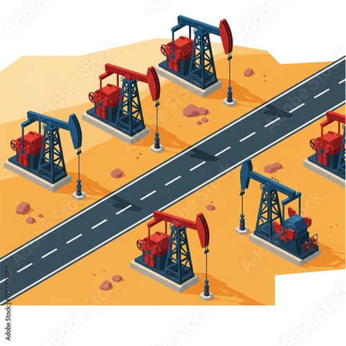 Oil Pumps Along a Desert Road - Industrial Energy Extraction.