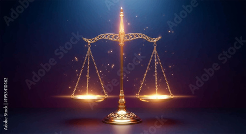 Golden scales of justice with glowing light on a dark background symbolizing balance and fairness in a dramatic setting