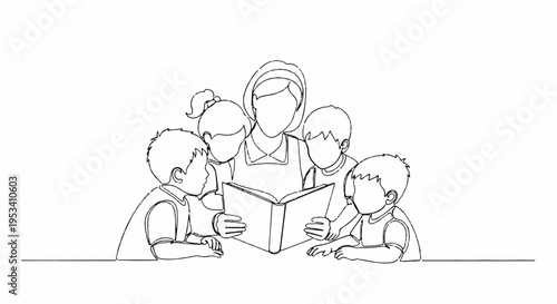 Family reading together parents and children looking at book learning education and bonding