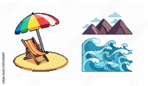 Pixel art tropical beach chair and umbrella vector isolated on white with ocean and mountain landscape elements