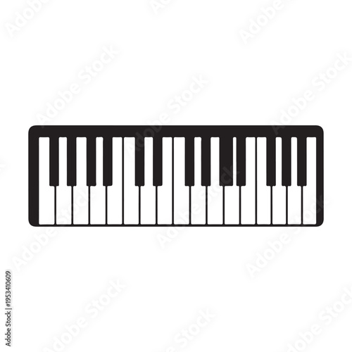 Simple keyboard piano icon in black and white keys, modern musical instrument illustration.