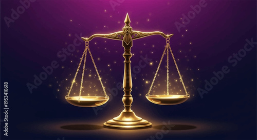 Golden scales of justice with glowing light on purple background symbolizing balance and harmony