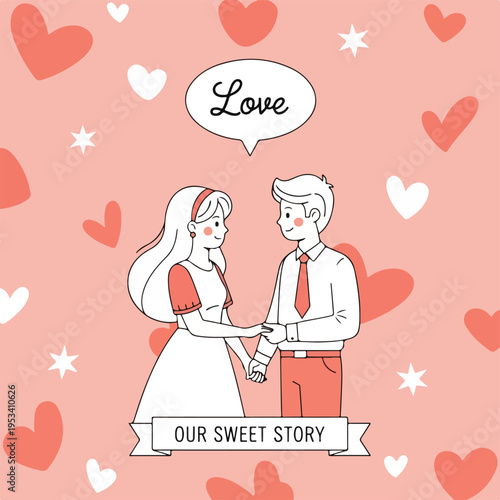 Sweethearts holding hands, surrounded by hearts and stars. "Love" bubble