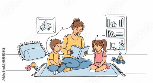 Mother reading a book to her two children on a rug in a cozy home interior with toys and books