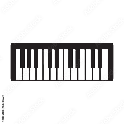 Simple keyboard piano icon in black and white keys, modern musical instrument illustration.