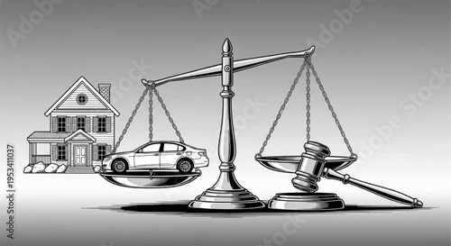 Law scales balancing house and car with gavel symbolizing property and justice system legal concept