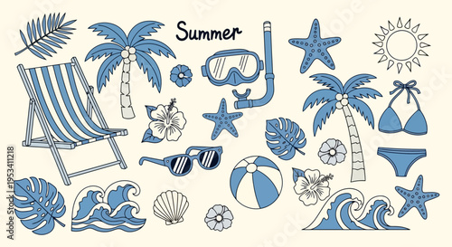 Summer Beach Vacation Elements Collection Blue and White.