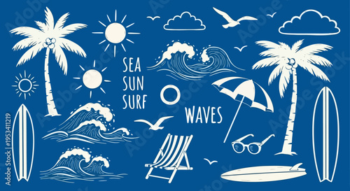 Summer Beach Elements Collection Palm Trees Surfboards Waves Sun.