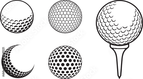 Golf Balls And Tee Minimal Line Style Vector Icon Set
