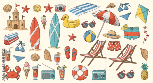 Vibrant Collection of Summer Beach Vacation Objects and Activities.