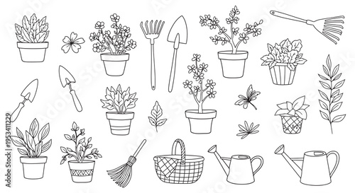 Collection of Hand Drawn Garden Tools and Plants Illustration.