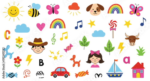 Collection of Cute Cartoon Illustrations for Childrens Designs.