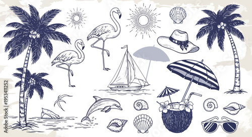 Tropical Beach Vacation Elements Collection.
