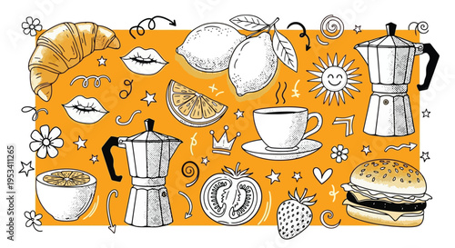 Whimsical Breakfast and Coffee Collection with Fruits and Pastries.