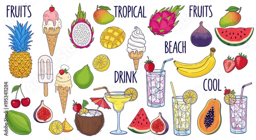 Vibrant Assortment of Tropical Fruits and Refreshing Drinks.