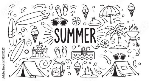 Summer Vacation Fun Activities Doodle Collection.
