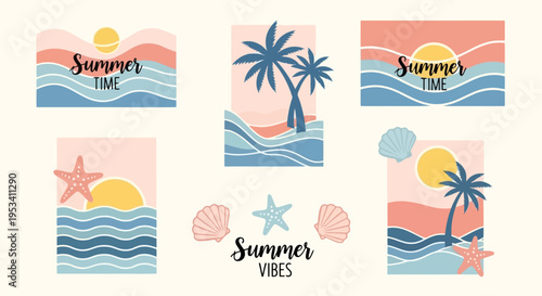 Tropical Summer Vibes Beach Scenery with Palm Trees and Ocean Waves.