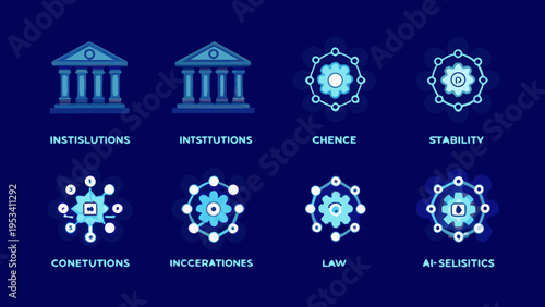 Illustrations depicting concepts of institutions chance stability and ai