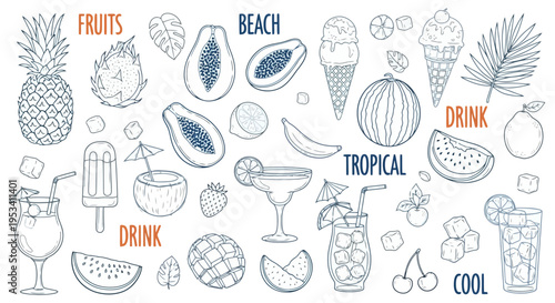 Summer Tropical Fruits Drinks and Ice Cream Collection.