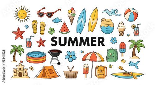 Vibrant Summer Collection of Fun Activities and Objects.