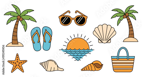 Collection of Summer Beach Vacation Icons and Elements.