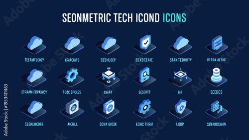 Isometric tech icons collection featuring cloud data and network concepts