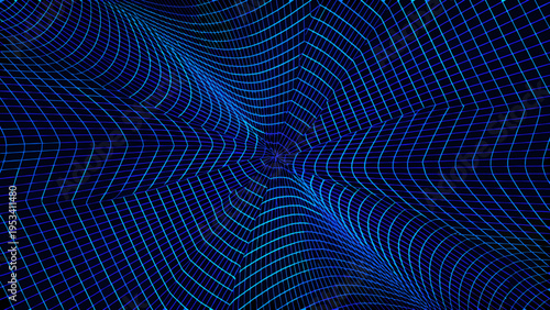 Abstract digital artwork featuring warped blue grid lines and a central vortex