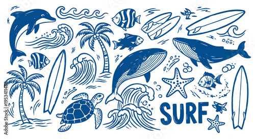 Oceanic Life and Surf Culture Doodle Collection.