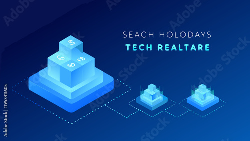 Isometric design representing tech real estate and search holidays concepts