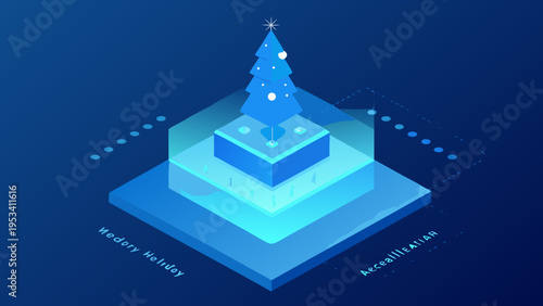 Abstract isometric christmas tree design with blue geometric shapes