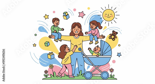 Happy family with children playing outside in sunshine with baby stroller and toys