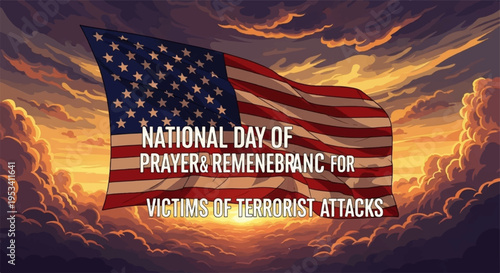 American flag waving in cloudy sky on national day of prayer and remembrance for victims of terrorist attacks