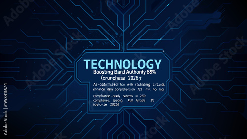 Abstract technology background with glowing circuits and text overlay