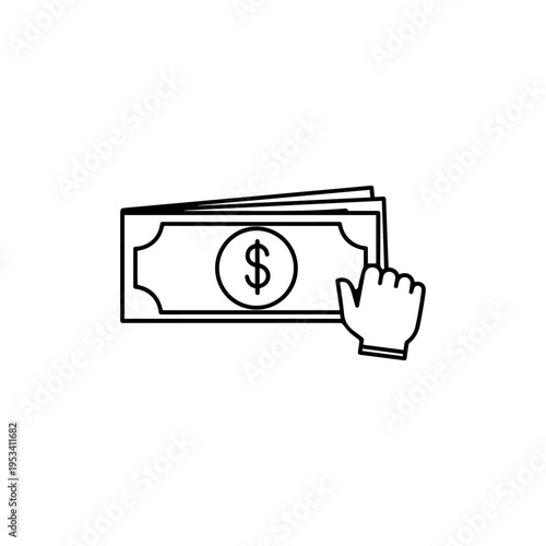 A stack of money with a dollar sign and a hand gesturing toward it
