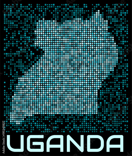 Uganda digital dotted map. Shape of the country in cyan color palette on dark background. Futuristic Uganda map design. Vector illustration.