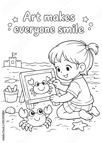 coloring book page girl painting a seaside picture with a friendly crab beside her