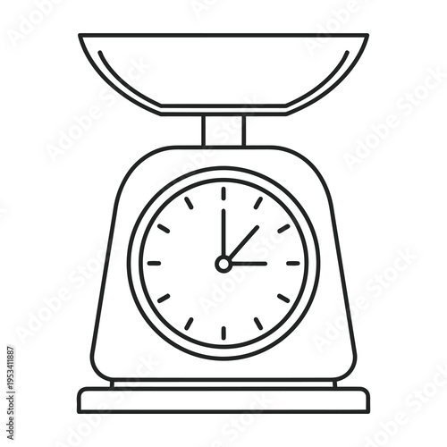 Kitchen scale with clock face on front panel  measuring weight and time icon