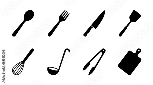 Kitchen Utensil Icons: Black and White Cooking Tools for Culinary Design