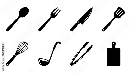 Kitchen Utensil Icons: Black and White Cooking Tools for Culinary Design