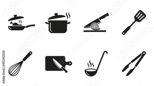 Cooking Icons: Black and White Kitchen Utensil Labels for Culinary Design