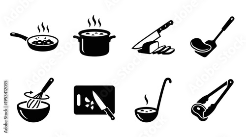 Cooking Icons: Black and White Kitchen Utensil Labels for Culinary Design