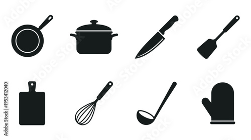 Kitchen Utensil Icons: Black and White Cooking Tools for Culinary Design